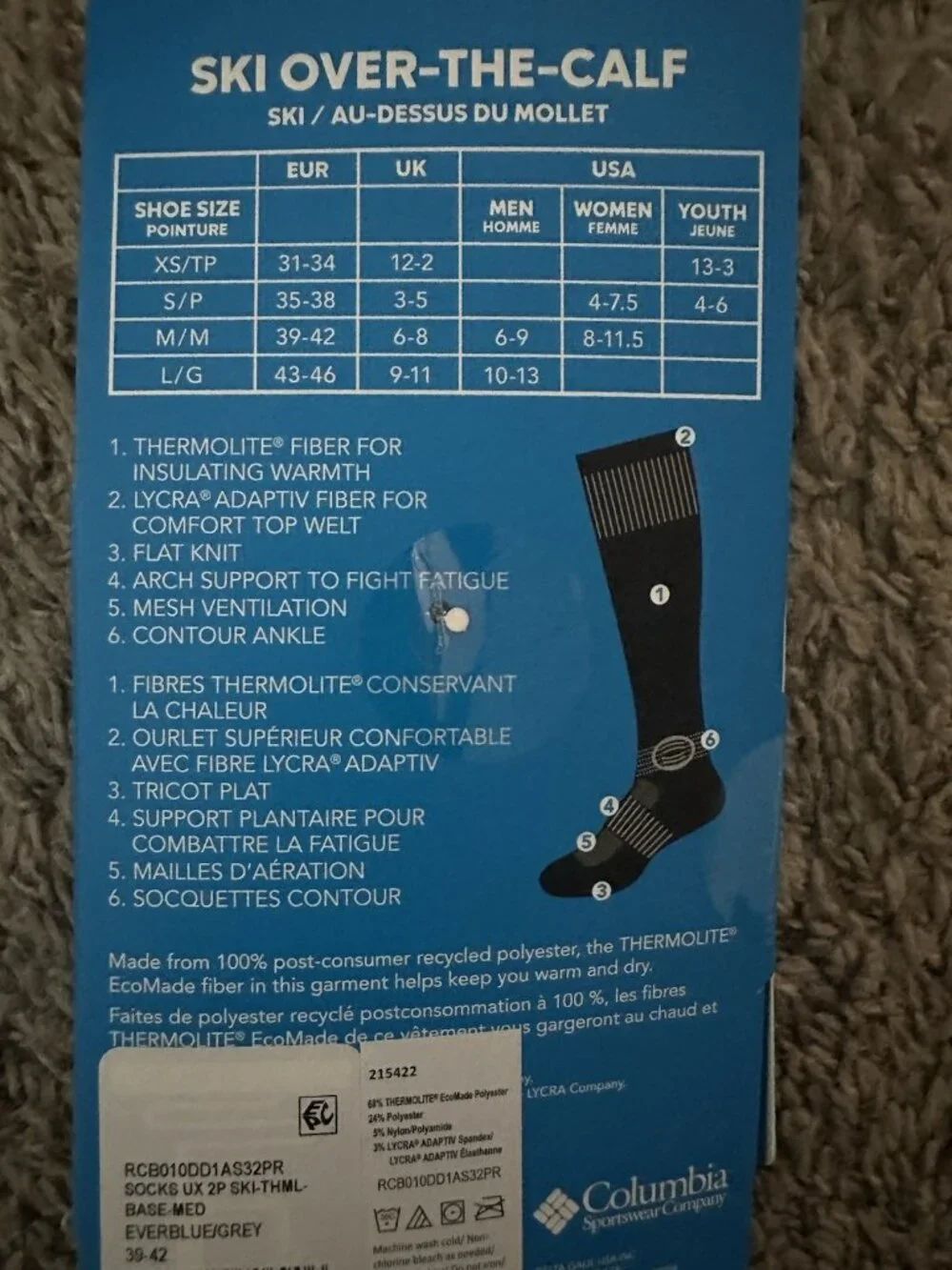 Columbia Thermolite EcoMade Over-the-Calf Ski Socks Medium 2 Pairs Of Socks